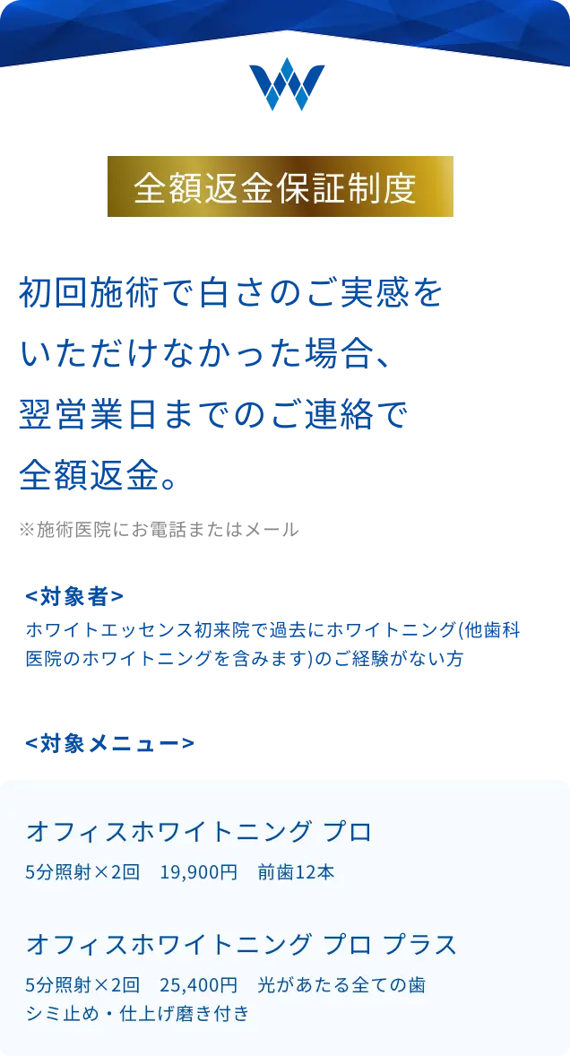 初回施術で白さのご実感をいただけなかった場合、翌営業日までのご連絡で全額返金。